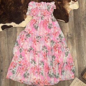 Girls Pink Floral Ruffle Maxi Dress